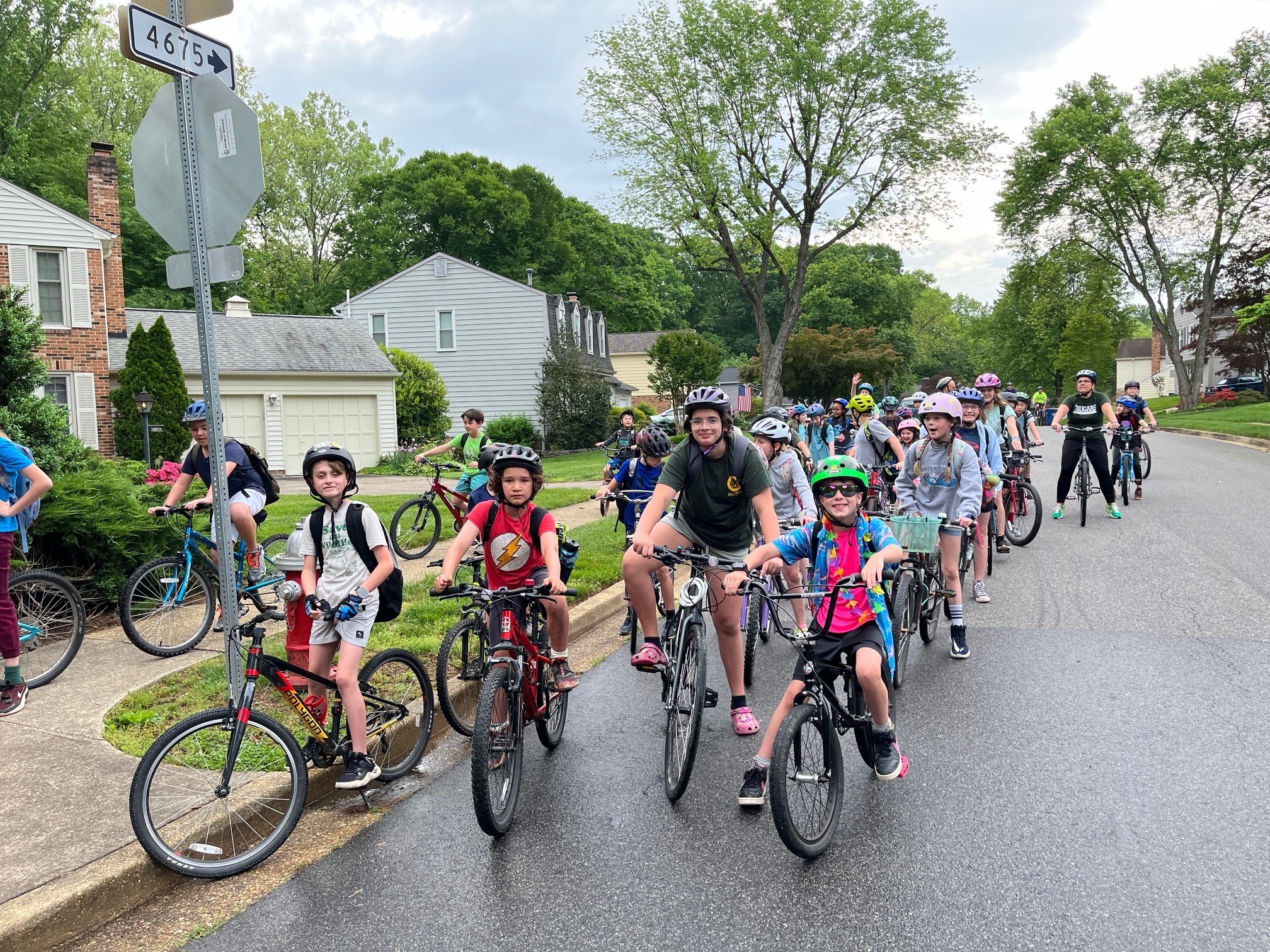 Students riding bikes to school